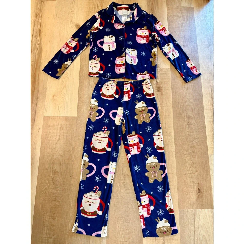Jellifish Kids Holiday Pajamas Set Navy Blue Santa Snowman Fleece Size M 7/8